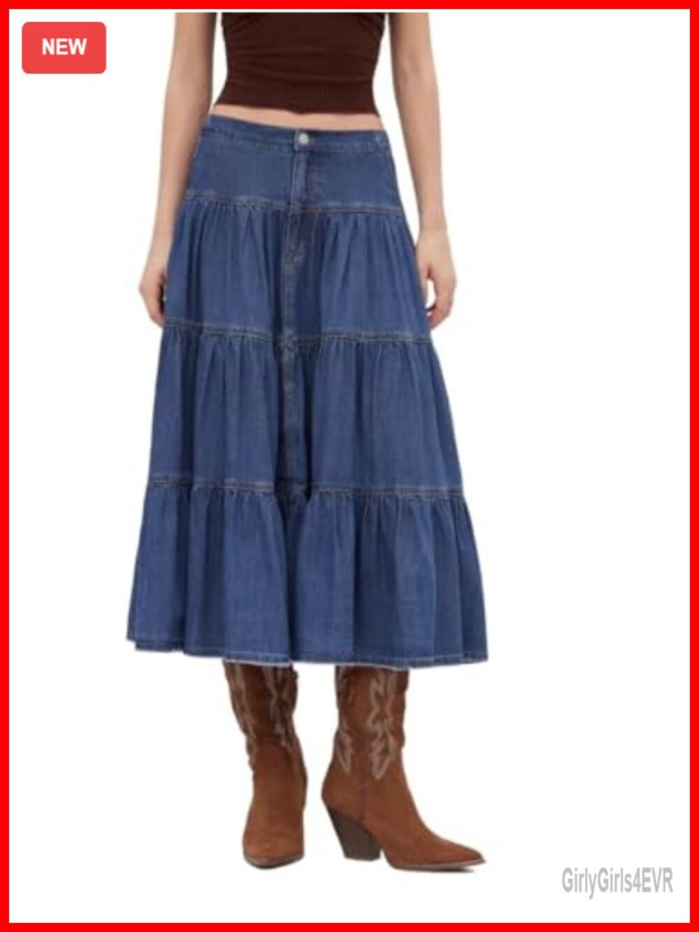 Tiered Denim Maxi Jean Skirt High Waisted Pull On Western Cowgirl